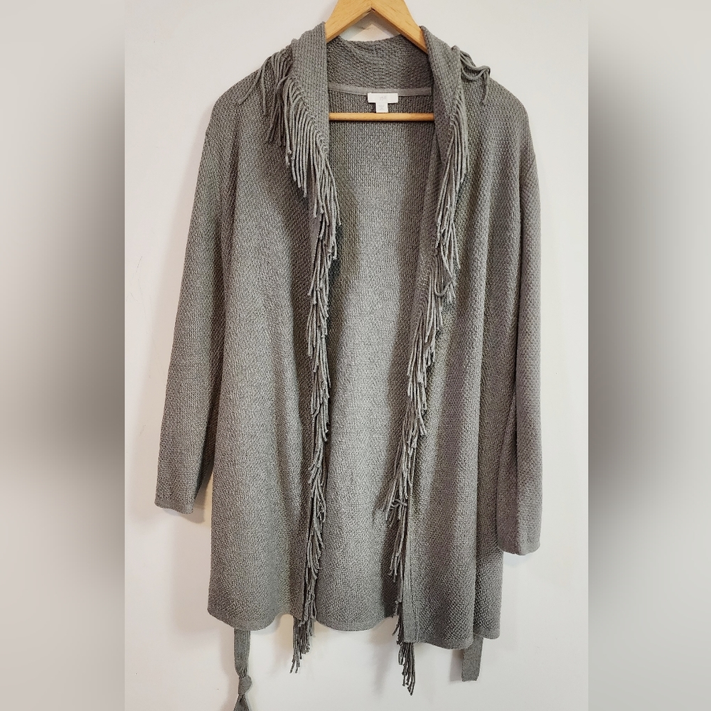 J. Jill Gray Textured Fringe Tassel Sweater Duster Tie Front Sweater